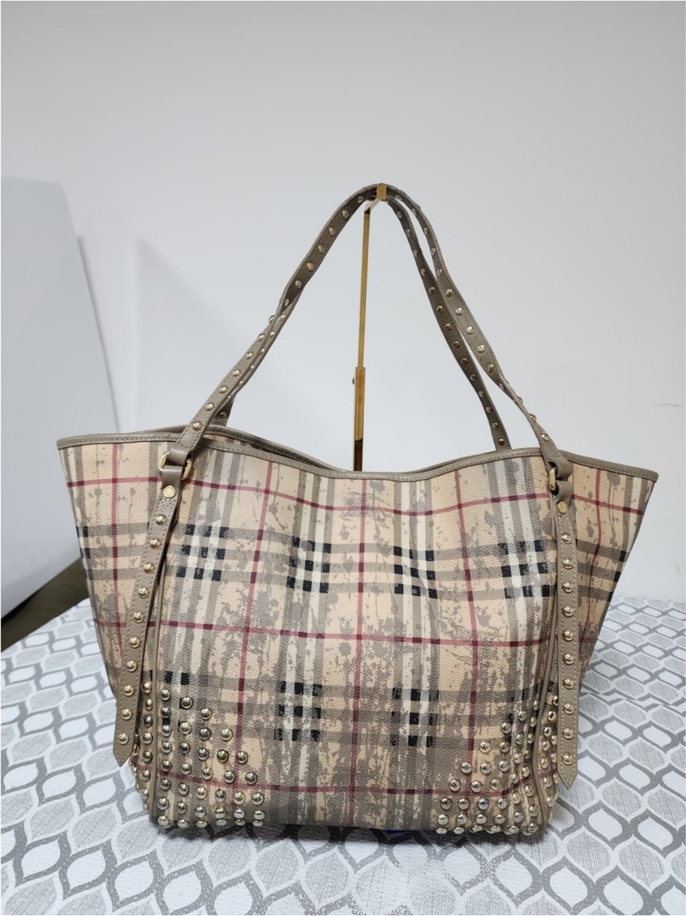 Burberry Haymarket Check Coated Canvas And Leather Studded Special Edition Cante